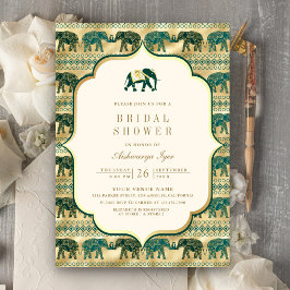 Invitación Ducha de Novia Crema Esmeralda Oro Elefante Indio