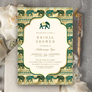 Invitación Ducha de Novia Crema Esmeralda Oro Elefante Indio