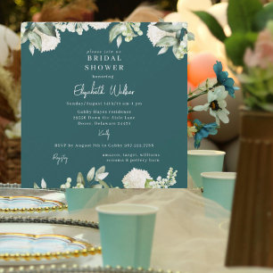 Invitación Ducha de Novia Cuadrada Hortensia Blanca Turquesa