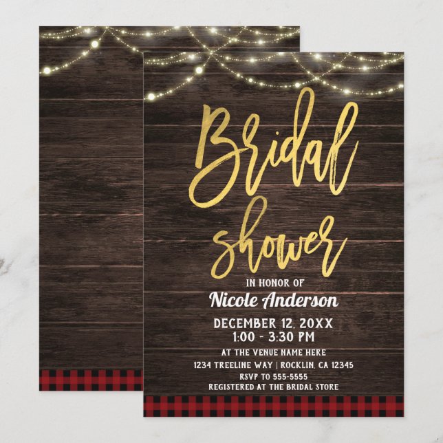Invitación Ducha de Novia Cuadro Moderno Dorado Madera Rústic (Anverso / Reverso)