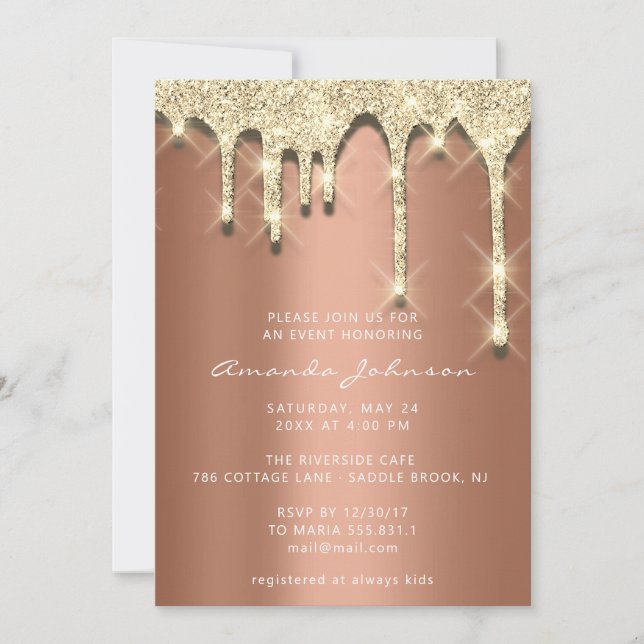 Invitación Ducha de novia Cumpleaños 16 Oro 30D Cobre de gote (Anverso)