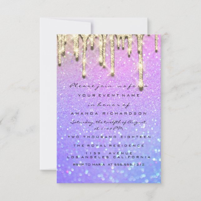 Invitación Ducha de Novia Cumpleaños 16 Rosado Drips HOLOGRAF (Anverso)