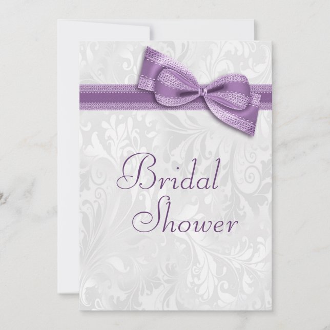 Invitación Ducha de novia Damasco blanco y falso morado (Anverso)