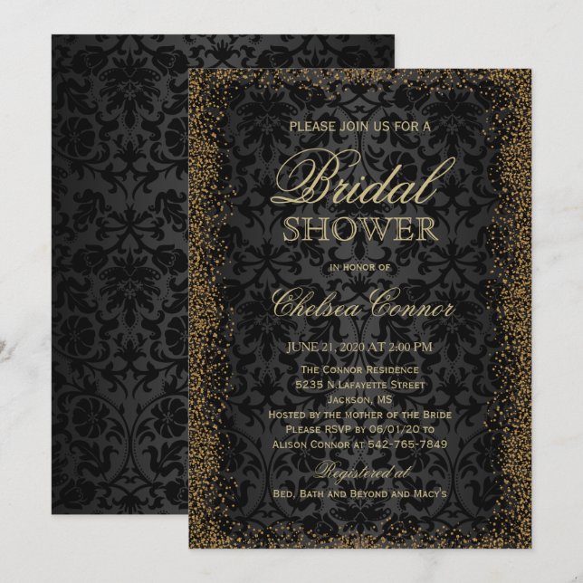 Invitación Ducha de novia - Damasco negro y Confetti de oro (Anverso / Reverso)