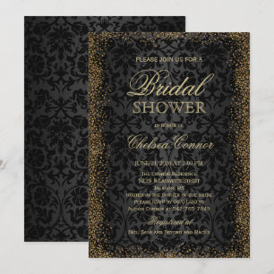Invitación Ducha de novia - Damasco negro y Confetti de oro