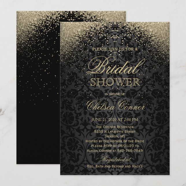 Invitación Ducha de novia - Damasco negro y Purpurina de oro (Anverso / Reverso)