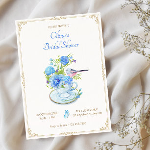 Invitación Ducha de novia de ave floral azul