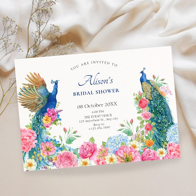 Invitación Ducha de novia de ave floral pavo real (Subido por el creador)