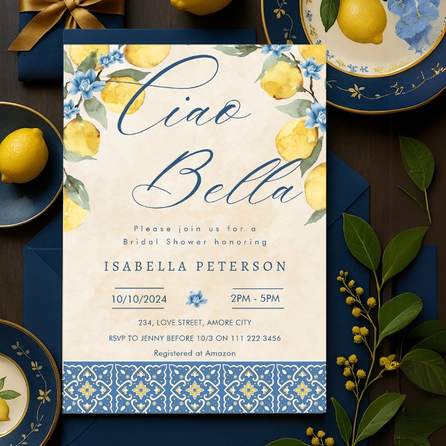 Invitación Ducha de novia de azulejos azules italianos de Cia (Ciao Bella Italian Blue Tiles Bridal Shower Invitation)