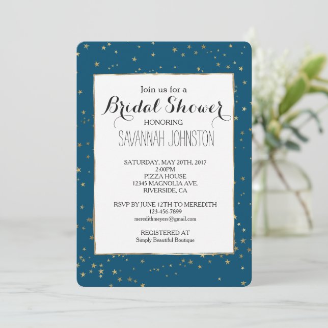Invitación Ducha de novia de Blue Gold Stars (Anverso de pie)
