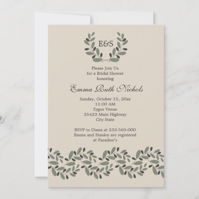 Invitación Ducha de novia de boda de ramas de oliva (Anverso)