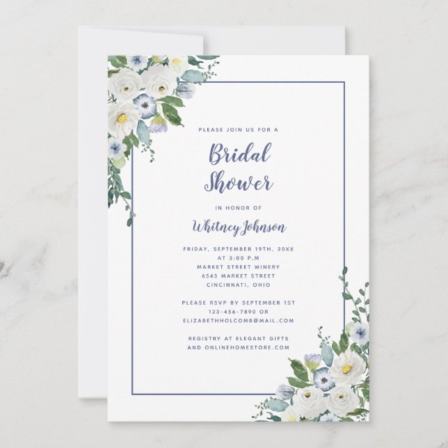 Invitación Ducha de Novia de Boda Floral Elegante Azul Blanco (Anverso)