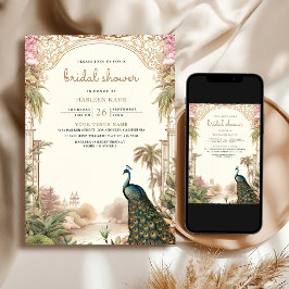 Invitación Ducha de novia de boda india de pavo real vintage