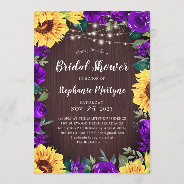 Invitación Ducha de novia de borde floral morado de girasol (Anverso)