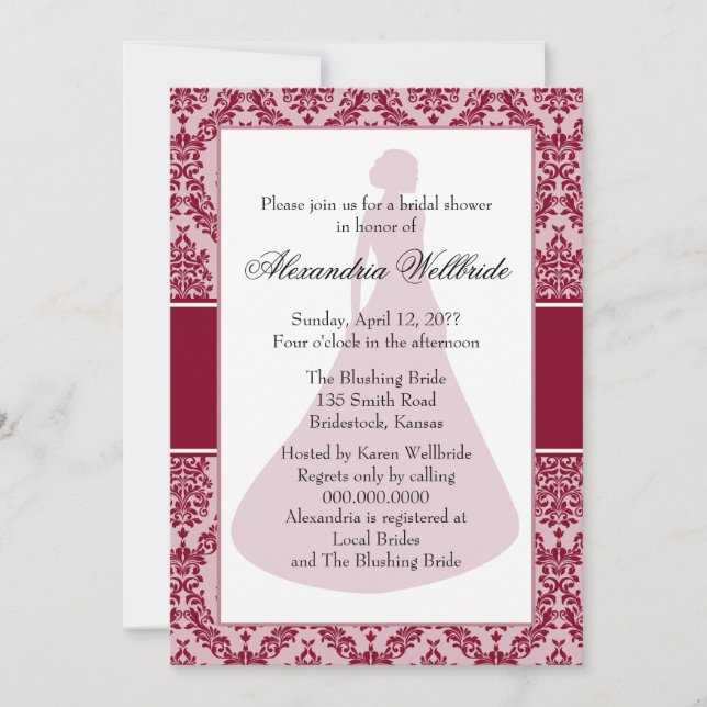 Invitación Ducha de novia de Burgundy Damask (Anverso)