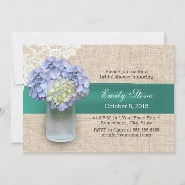 Invitación Ducha de novia de Burlap Hydrangea y Mason Jar (Anverso)