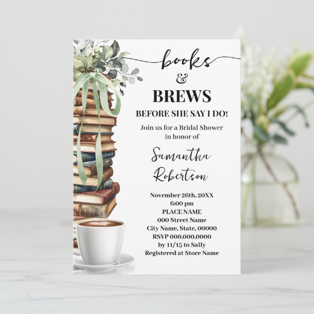 Invitación Ducha de novia de café Eucalyptus Books & Brews (Anverso de pie)
