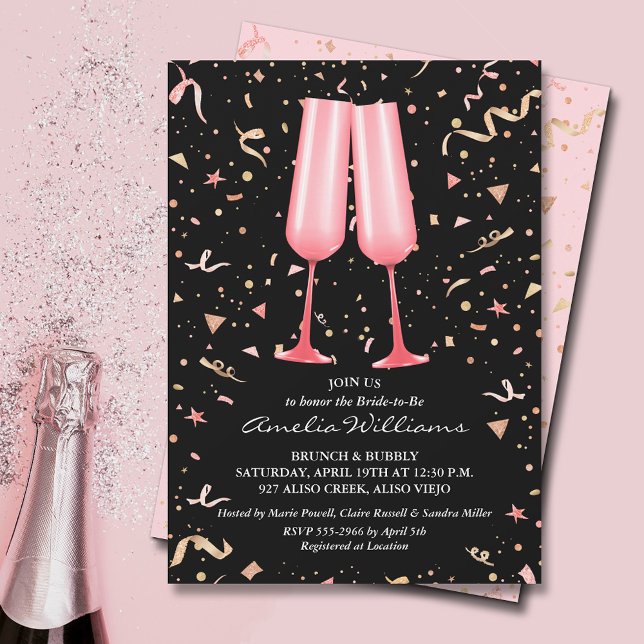 Invitación Ducha de novia de champagne rosa (Pink champagne glasses and streamers on black bridal shower invitations)