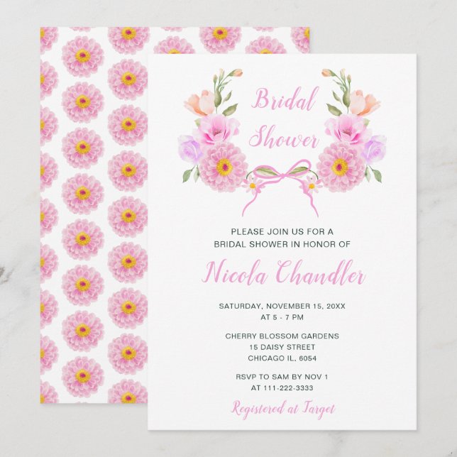 Invitación Ducha de novia de cinta rosa floral (Anverso / Reverso)