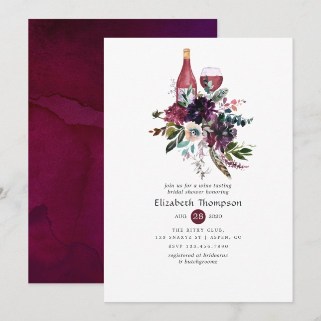 Invitación Ducha de novia de ciruela borgoñona de vino rojo (Anverso / Reverso)