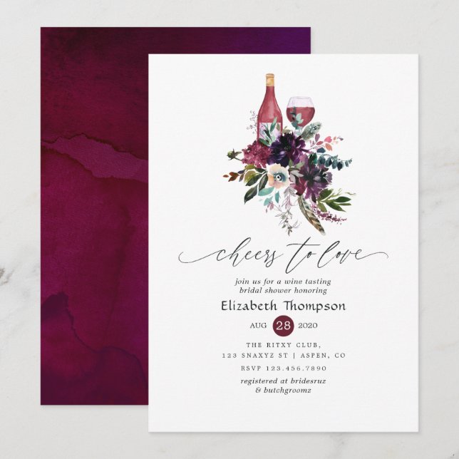 Invitación Ducha de novia de ciruela borgoñona de vino rojo (Anverso / Reverso)