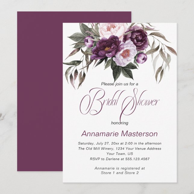 Invitación Ducha de novia de ciruela morada de peones rosados (Anverso / Reverso)
