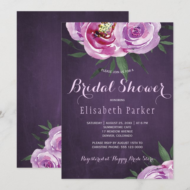 Invitación Ducha de novia de ciruela púrpura de malva de vera (Anverso / Reverso)