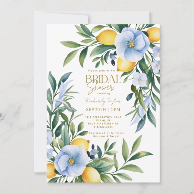 Invitación Ducha de novia de Citrus floral azul limón italian (Anverso)