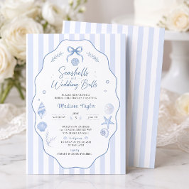 Invitación Ducha de Novia de Concha Azul con Lazo a Rayas