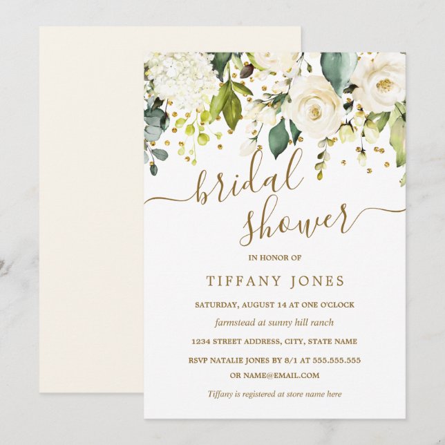 Invitación Ducha de novia de Confetti de oro blanco floral (Anverso / Reverso)