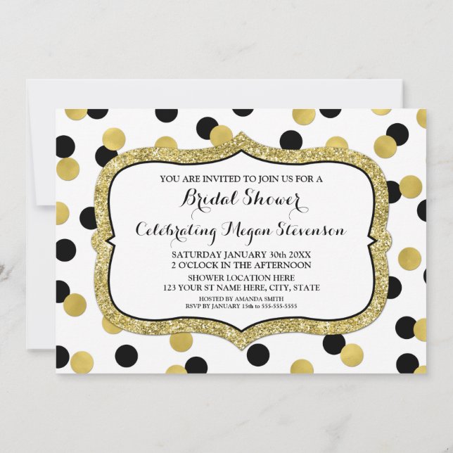 Invitación Ducha de novia de Confetti de oro negro blanco (Reverso)