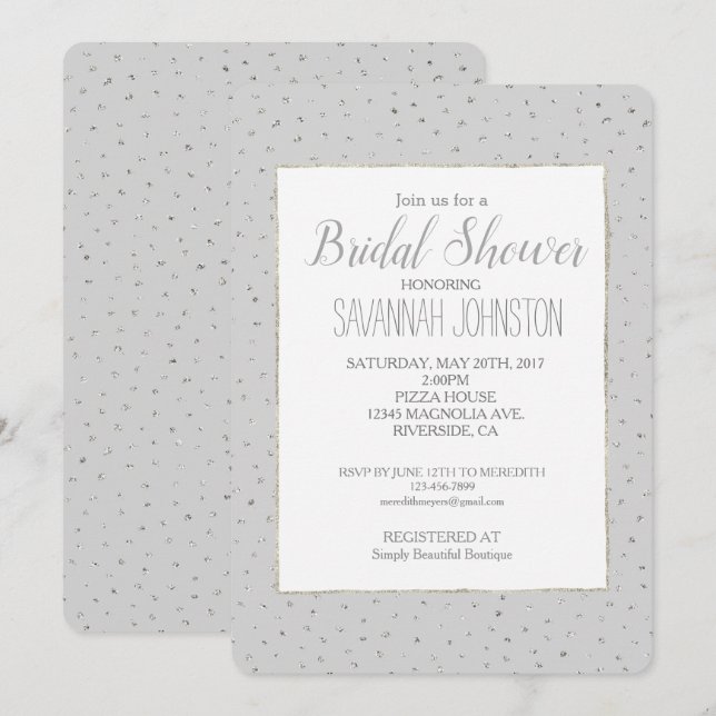 Invitación Ducha de novia de Confetti gris plata (Anverso / Reverso)