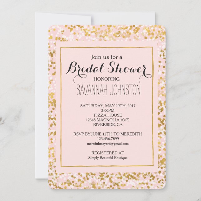 Invitación Ducha de novia de Confetti rosa blanco dorado (Anverso)