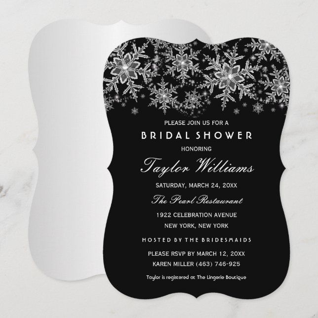 Invitación Ducha de novia de copo de nieve joya plateada negr (Anverso / Reverso)
