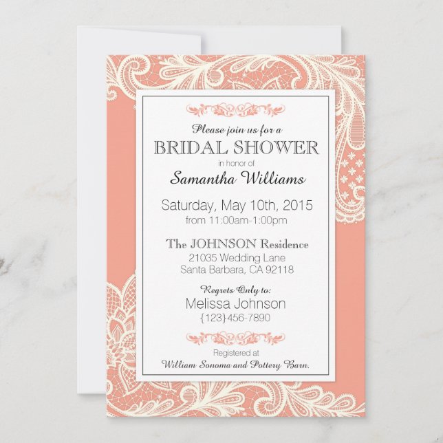 Invitación Ducha de novia de coral y encaje blanco (Anverso)
