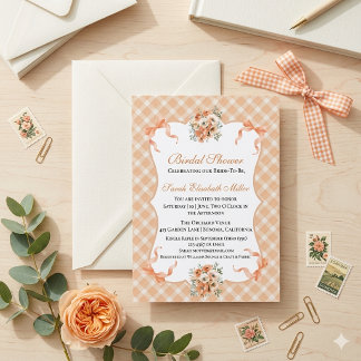 Invitación Ducha de novia de cuadros rosa melocotón