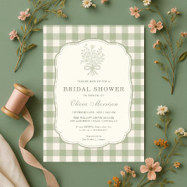 Invitación Ducha de Novia de Cuadros Verde Salvia con Lazo Fl