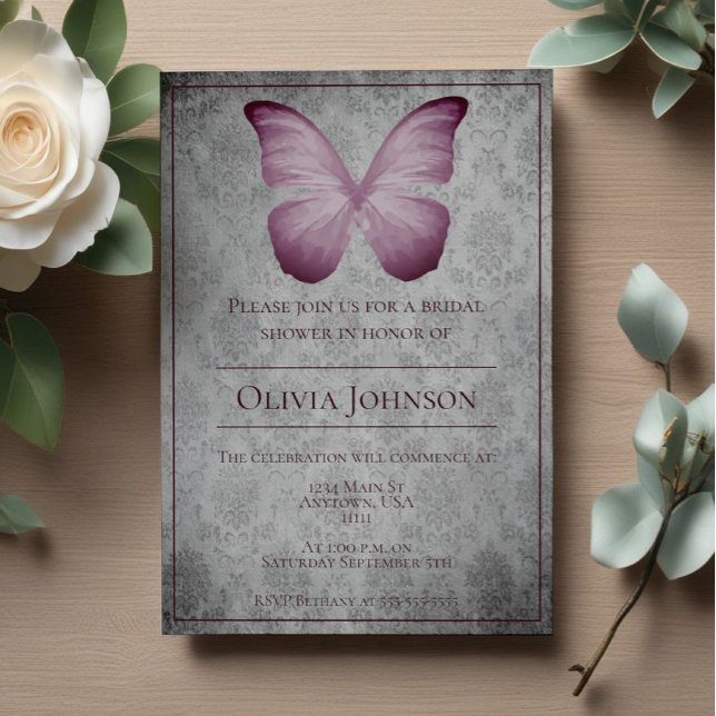 Invitación Ducha de novia de Damasco de mariposa rosa de colo (Pink Vintage Butterfly Damask Bridal Shower Invitation)