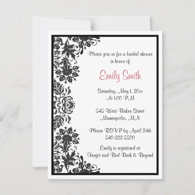 Invitación Ducha de novia de Damasco floral blanco y negro (Anverso)