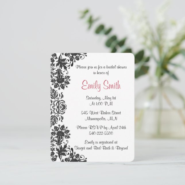 Invitación Ducha de novia de Damasco floral blanco y negro (Anverso de pie)