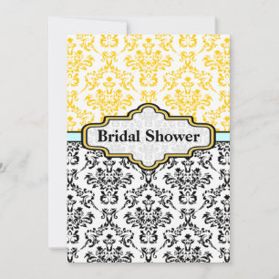 Invitación Ducha de novia de damasco negro amarillo acuático