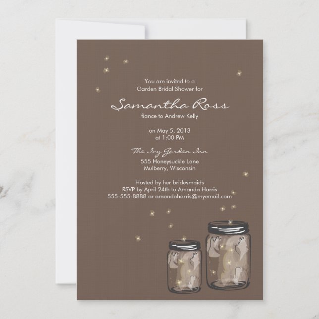 Invitación Ducha de novia de dos mason Jars & Fireflies (Anverso)