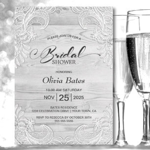 Invitación Ducha de Novia de Encaje Blanco de Madera