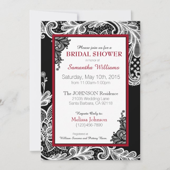Invitación Ducha de novia de encaje blanco y rojo negro (Anverso)
