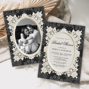 Invitación Ducha de Novia de Encaje de Marfil Negro de Dinero