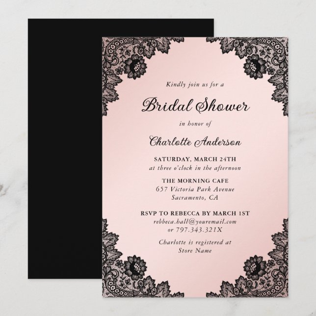 Invitación Ducha de novia de encaje floral negro y Rubor (Anverso / Reverso)