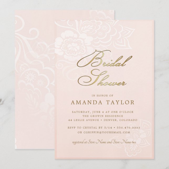 Invitación Ducha de novia de encaje floral rosa Rubor (Anverso / Reverso)