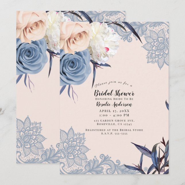 Invitación Ducha de novia de encaje floral y azul turbio (Anverso / Reverso)