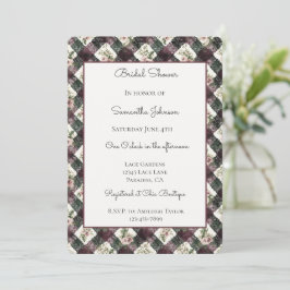 Invitación Ducha de novia de encaje negro borgoña floral rosa