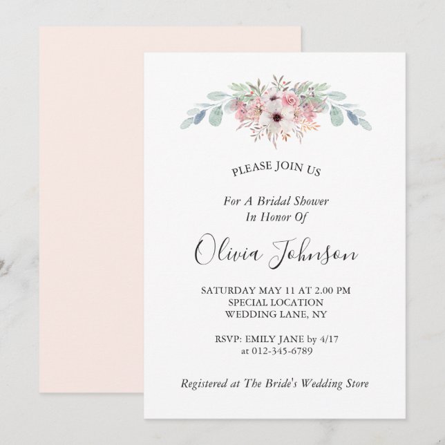 Invitación Ducha de novia de Eucalipto Rústico Rosa Rubor (Anverso / Reverso)